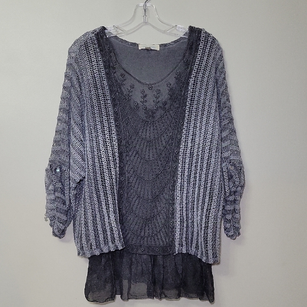 Double Layer T-shirt‎ Lace Overlay Cardigan Size S Over sized Whimsy Hippie Boho